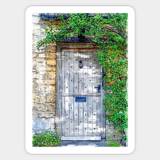 Old Grey Door Stone Wall With Green Vegetation Sticker